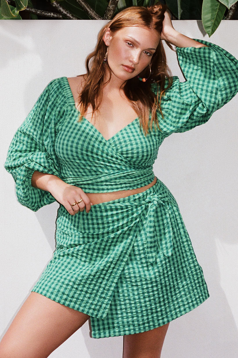 Pixie Gingham Wrap Top - Grass