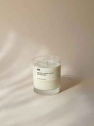 KIN: Clear Tumbler Soy Candle - Sandalwood / Bergamot / Violet leaf