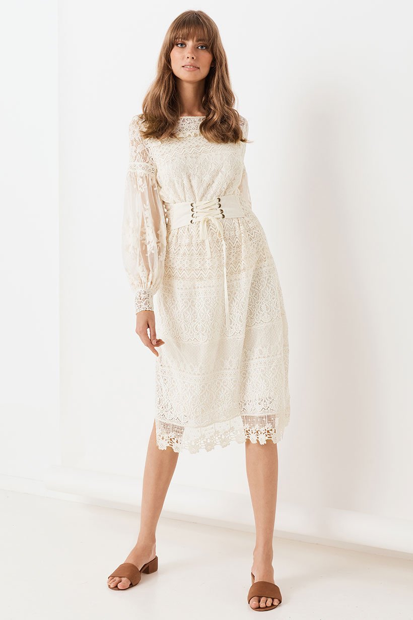 Spell Designs Dawn Lace Belted Midi Dress - Cream